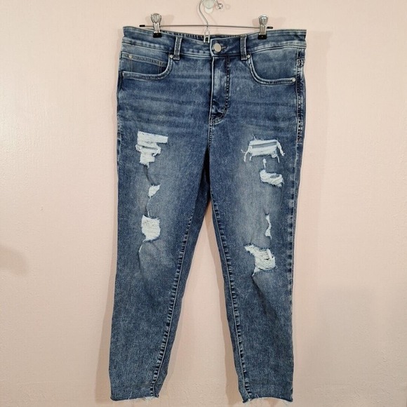 Maurices Denim - Maurices High Rise EverFlex Distressed Light / Medium Wash Size 14 patches